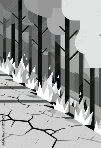 Cracked earth and abstract flames consume a stylized forest in grayscale