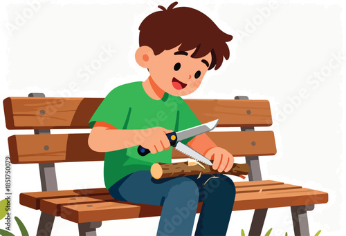 Young boy skillfully carves wood with a multi-tool on a park bench