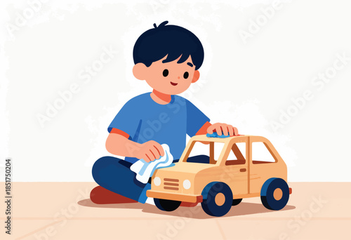 A young boy carefully polishes a wooden toy car with a blue cloth