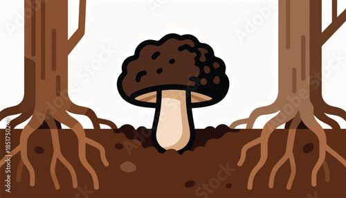A single brown mushroom sprouts from dark soil between two trees with exposed roots