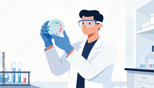 Scientist examines a petri dish with colorful samples in a bright, modern laboratory