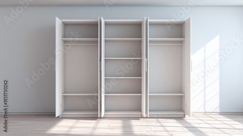 Modern Minimalist White Wardrobe with Open Shelves and Soft Natural Lighting in a Bright Contemporary Room Interior