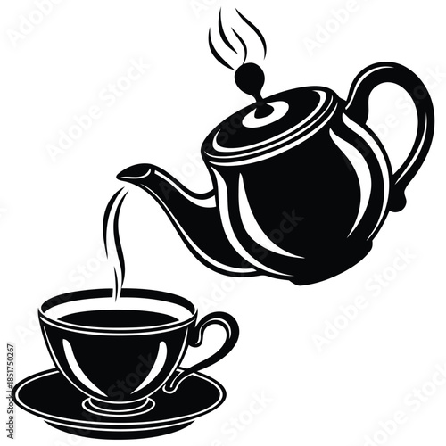 Black teapot with tea cup and saucer high quality vector illustration