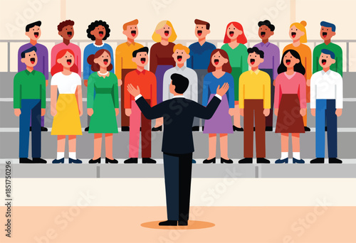 Diverse choir group singing on risers, directed by a conductor