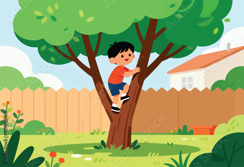 Cheerful child climbs a tree in a backyard with a fence and house