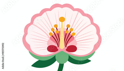 A stylized pink flower with green leaves and a dark stem