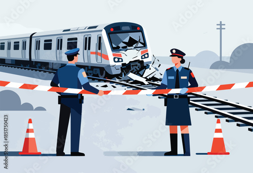 Two police officers secure a crashed train with caution tape and cones