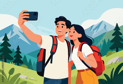 Two hikers with backpacks taking a selfie in the mountains