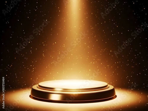 A golden podium stands illuminated under a spotlight in a starry night sky
