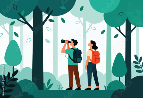 Two hikers with backpacks explore a serene forest, one using binoculars
