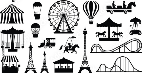 Amusement park and carnival silhouettes set with rides, tents, ferris wheel, roller coaster, carousel, fair attractions icons
