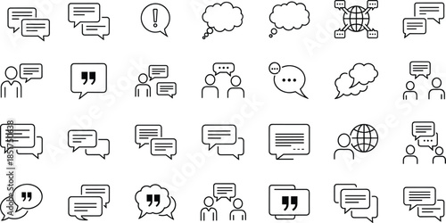Communication outline icon set with chat bubbles, messages, dialogue symbols, social interaction, discussion concepts, minimal line style isolated on white background