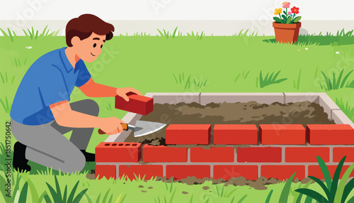 Person building raised garden bed with bricks and trowel