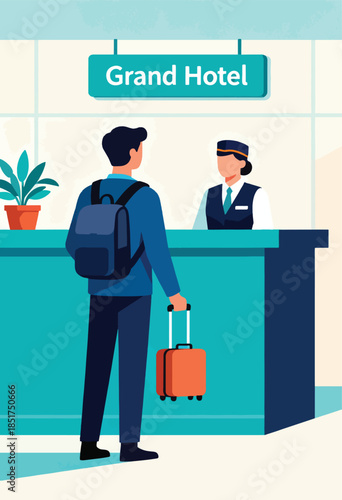 Guest with luggage at hotel check-in desk interacts with concierge