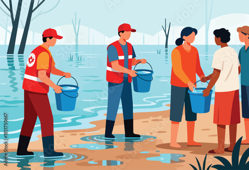 People bail water from a flooded area, showing community help and resilience