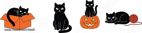 Cute black cat cartoon illustrations showing playful kitten poses, box, pumpkin, yarn ball scenes, adorable pet character collection isolated