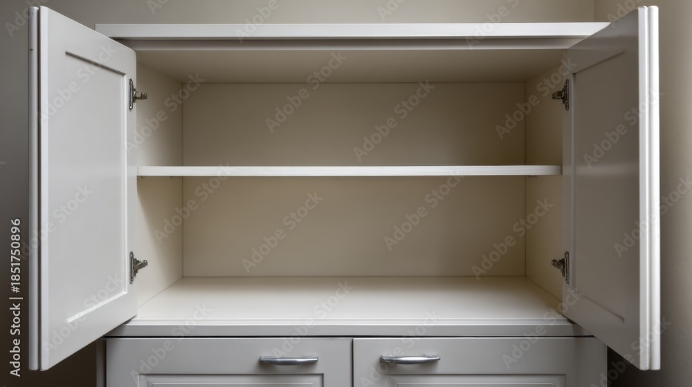 Fototapeta premium Empty modern white cabinet with open doors showcasing a minimalist design, perfect for storage solutions in contemporary spaces and home organization projects