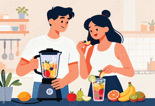 Couple in kitchen preparing fresh fruit blend; fruits and drink on counter