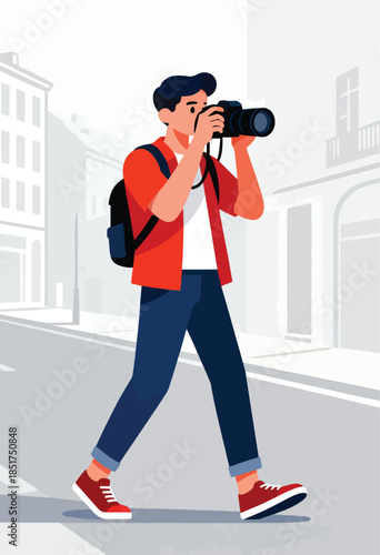 A person with a backpack and camera walks down a street, capturing city sights