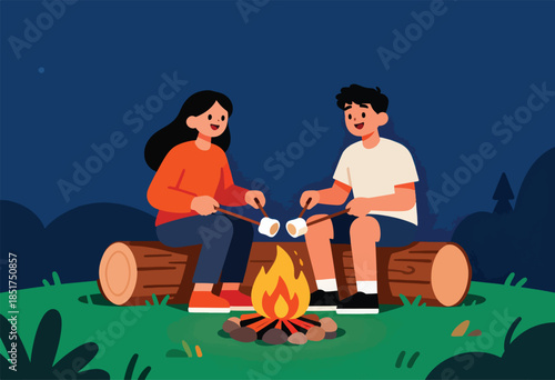 Two friends roast marshmallows over a campfire while sitting on a log at night