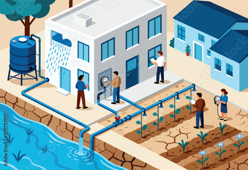 Water management system showing rainfall collection, irrigation, and monitoring by people