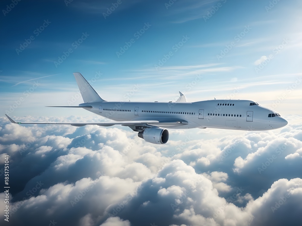 Obraz premium Airplane flying high above the clouds in a clear blue sky