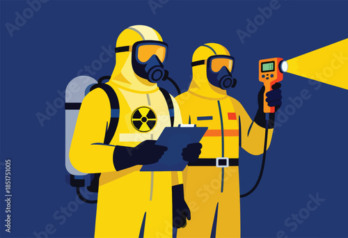 Two hazmat suited figures investigate with a thermometer and clipboard