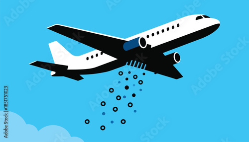 A stylized airplane dropping circular shapes against a vibrant blue sky