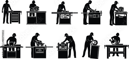 Industrial woodworking machine operator silhouettes set showing carpentry tools, saw machines, factory labor, professional craftsmanship activities isolated background