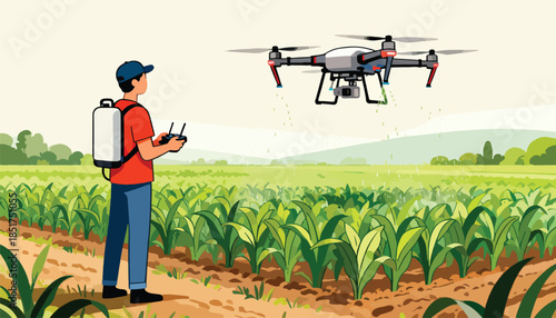 Farmer remotely piloting drone over crops for spraying