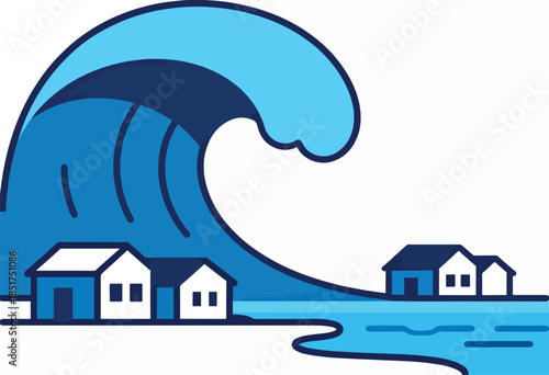 A colossal wave engulfs small houses near the coast