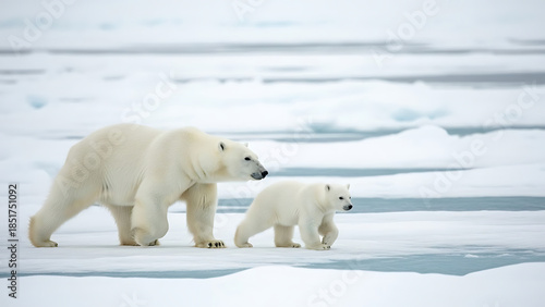 Polar bears walking on Arctic ice floes with cub, wildlife in frozen ocean environment, nature photography, close-up viewpoint, animal family concept