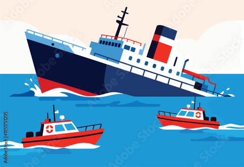 A large sinking ship is aided by several red rescue boats in the blue sea