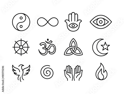 Spiritual Symbol Icons. Spiritual symbols. Line icon set of Spir