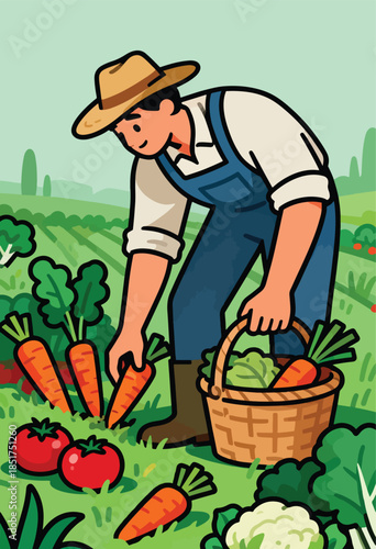 Cartoon farmer harvesting fresh produce like carrots, tomatoes, and cauliflower in a lush field