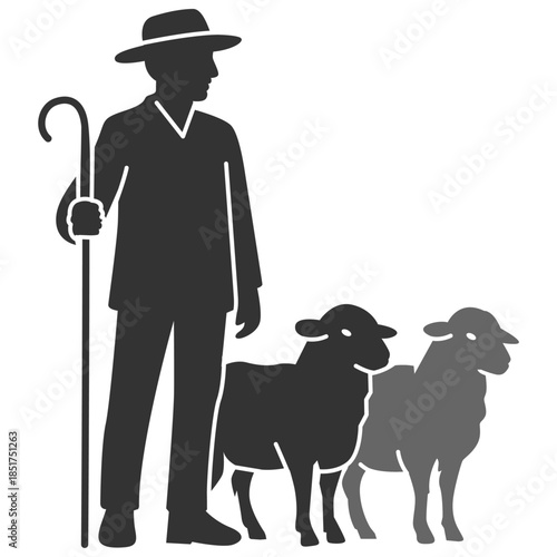 Silhouette illustrations of shepherd with staff and two sheep. Flat vector a man wearing hat with livestock on transparent background. Black and white design farmer life in village.