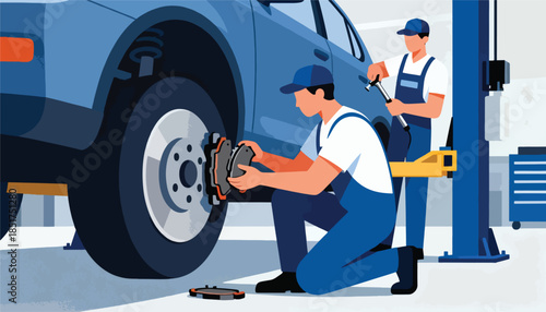 Mechanics working on a car in a garage, replacing brake pads