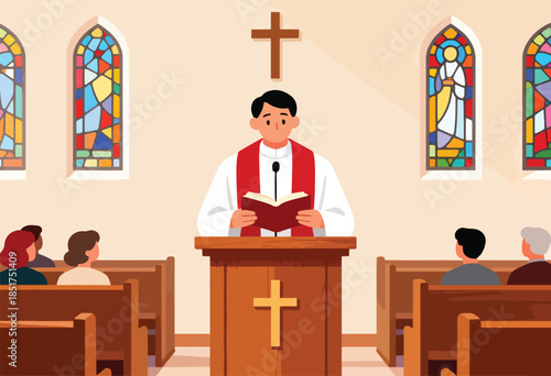 Clergy member leads service at a wooden pulpit before a congregation in a church