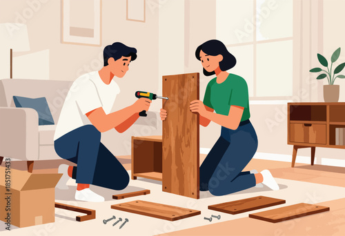 Couple assembling wooden furniture at home, working together on a new piece