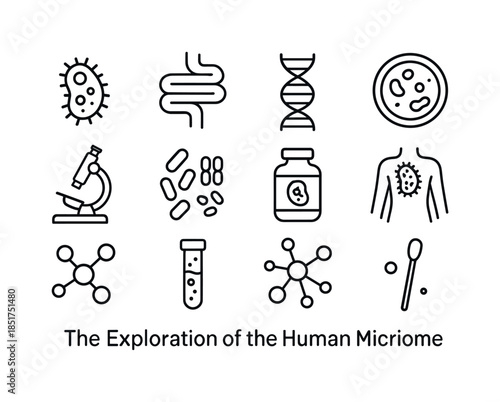 Microbiome Icon Set. The Exploration of the Human Microbiome. Li