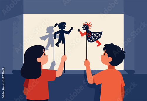 Children create shadow puppets of a girl and a rooster on a screen