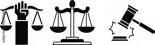 Unique design icon set of justice Justice balance icon in black and white shows law and equity with transparent background Black balance scale icon representing justice and law on a white background