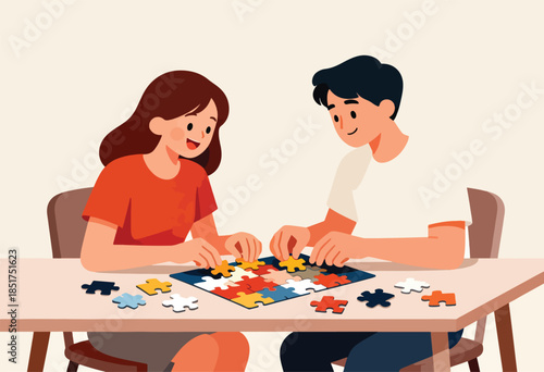 A couple happily works on a colorful puzzle together at a table
