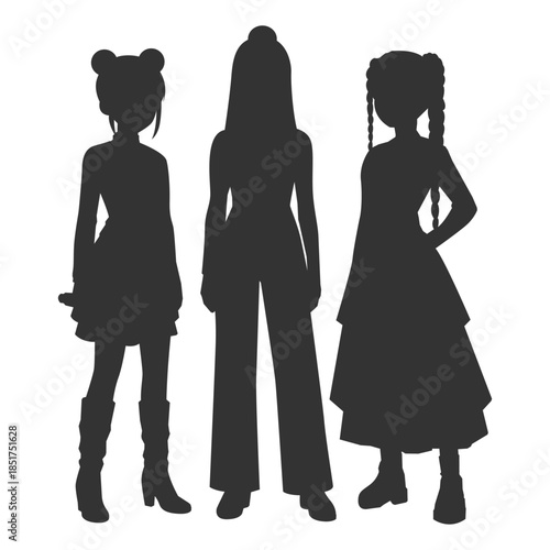 Set silhouette illustrations trio kpop idols singing and dancing on stage. Flat vector kpop music star. Modern group dancers with various different styles, poses and choreography. Korean pop cultures.