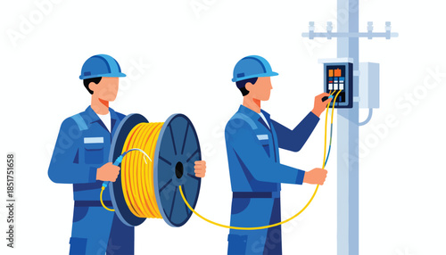 Two workers install cables on a utility pole, one managing a large spool