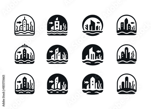Underwater City Logos. Underwater Cities and Marine Life. Icon s