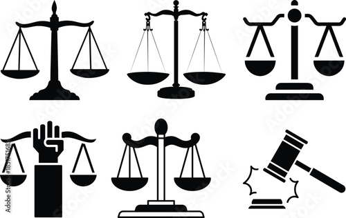 Unique design icon set of justice Justice balance icon in black and white shows law and equity with transparent background Black balance scale icon representing justice and law on a white background