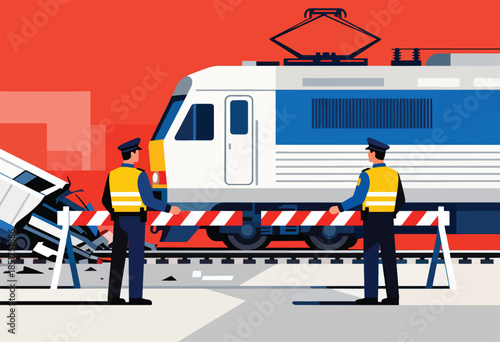 Two uniformed officers stand by a damaged train and barricade