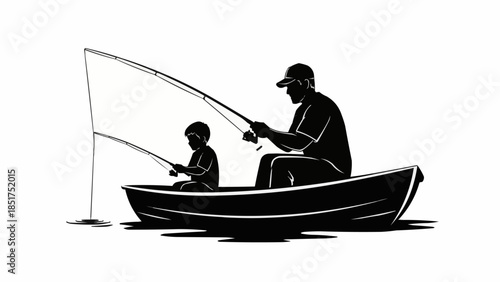 Father and Son Fishing Together in a Boat Silhouette.