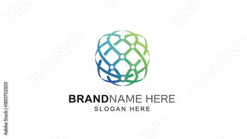 Abstract blue-green gradient spherical network logo, featuring interconnected lines and circular nodes.